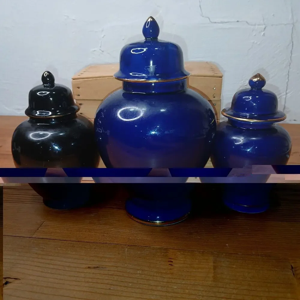 3 Cobalt Blue Vase Ginger Jar with Lid Floral Peacock Asian Decor Accent #54